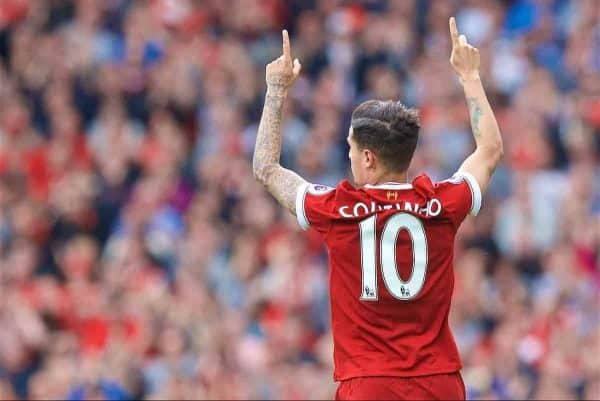 LIVERPOOL, ENGLAND - Sunday, May 21, 2017: Liverpool's Philippe Coutinho Correia scores the second goal against Middlesbrough during the FA Premier League match at Anfield. (Pic by David Rawcliffe/Propaganda)