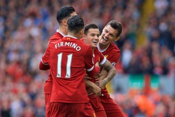 LIVERPOOL, ENGLAND - Sunday, May 21, 2017: Liverpool's Philippe Coutinho Correia scores the second goal against Middlesbrough during the FA Premier League match at Anfield. (Pic by David Rawcliffe/Propaganda)