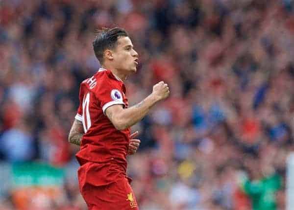 LIVERPOOL, ENGLAND - Sunday, May 21, 2017: Liverpool's Philippe Coutinho Correia scores the second goal against Middlesbrough during the FA Premier League match at Anfield. (Pic by David Rawcliffe/Propaganda)