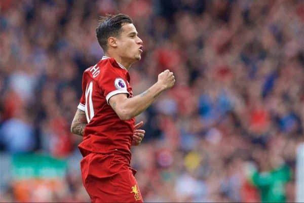 LIVERPOOL, ENGLAND - Sunday, May 21, 2017: Liverpool's Philippe Coutinho Correia scores the second goal against Middlesbrough during the FA Premier League match at Anfield. (Pic by David Rawcliffe/Propaganda)