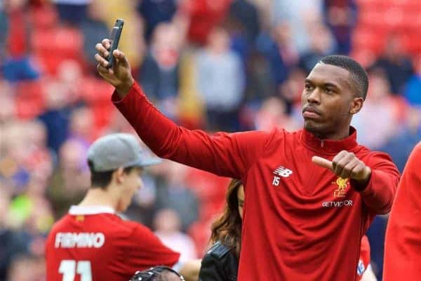 LIVERPOOL, ENGLAND - Sunday, May 21, 2017: Liverpool's Daniel Sturridge waves to the supporters after the 3-0 victory over Middlesbrough during the FA Premier League match at Anfield. (Pic by David Rawcliffe/Propaganda)