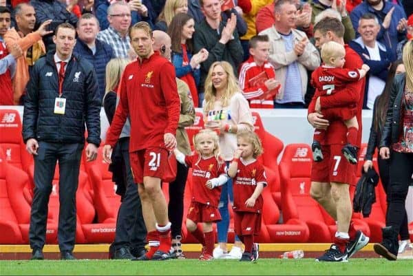 LIVERPOOL, ENGLAND - Sunday, May 21, 2017: Liverpool's Lucas Leiva waves wit his family after the 3-0 victory over Middlesbrough during the FA Premier League match at Anfield. (Pic by David Rawcliffe/Propaganda)