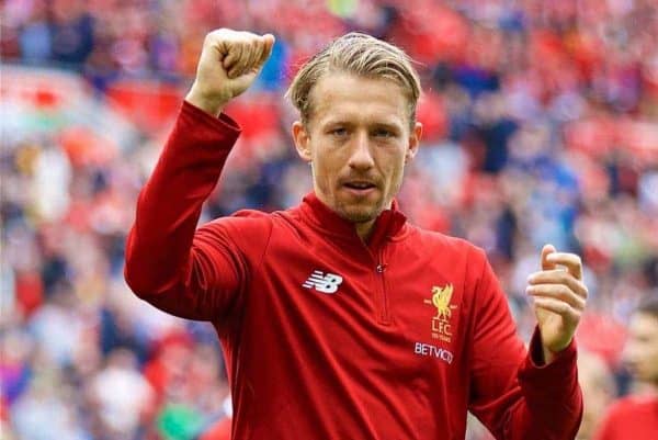 LIVERPOOL, ENGLAND - Sunday, May 21, 2017: Liverpool's Lucas Leiva salutes the supporters after the FA Premier League match against Middlesbrough at Anfield. (Pic by David Rawcliffe/Propaganda)
