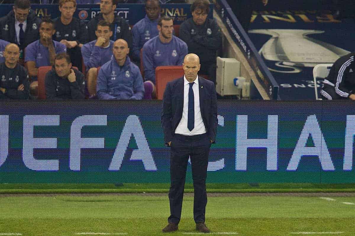 CARDIFF, WALES - Saturday, June 3, 2017: Real Madrid's head coach ZinÈdine Zidane during the UEFA Champions League Final between Juventus FC and Real Madrid CF at the Stadium of Wales. (Pic by David Rawcliffe/Propaganda)