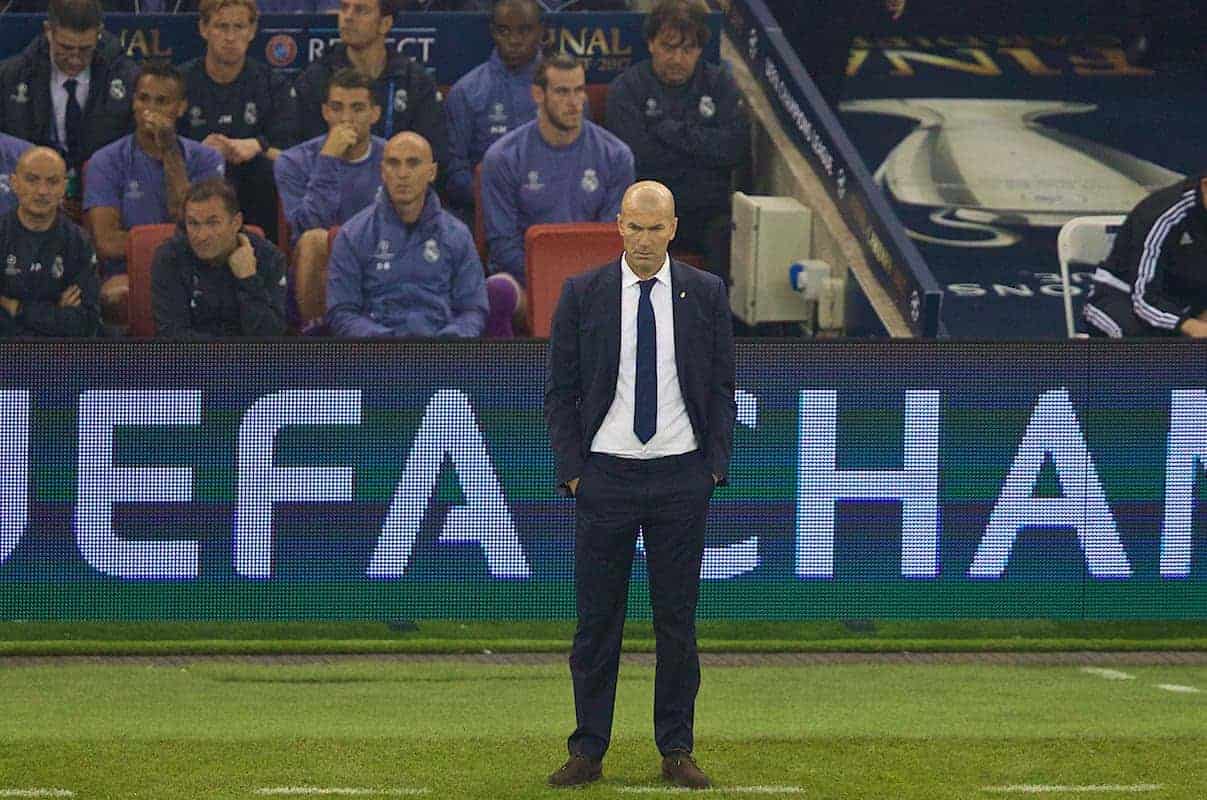 CARDIFF, WALES - Saturday, June 3, 2017: Real Madrid's head coach ZinÈdine Zidane during the UEFA Champions League Final between Juventus FC and Real Madrid CF at the Stadium of Wales. (Pic by David Rawcliffe/Propaganda)