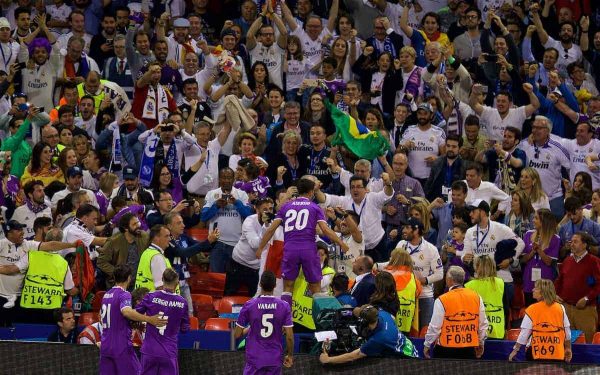 CARDIFF, WALES - Saturday, June 3, 2017: Real Madrid's Marco Asensio celebrates scoring the fourth goal during the UEFA Champions League Final between Juventus FC and Real Madrid CF at the Stadium of Wales. (Pic by David Rawcliffe/Propaganda)