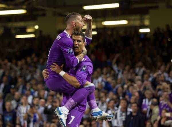 CARDIFF, WALES - Saturday, June 3, 2017: Real Madrid's Cristiano Ronaldo celebrates scoring the first goal with team-mate Sergio Ramos before the UEFA Champions League Final between Juventus FC and Real Madrid CF at the Stadium of Wales. (Pic by Don Jackson-Wyatt/Propaganda)