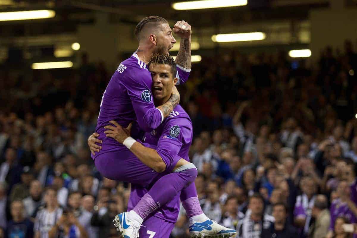 CARDIFF, WALES - Saturday, June 3, 2017: Real Madrid's Cristiano Ronaldo celebrates scoring the first goal with team-mate Sergio Ramos before the UEFA Champions League Final between Juventus FC and Real Madrid CF at the Stadium of Wales. (Pic by Don Jackson-Wyatt/Propaganda)