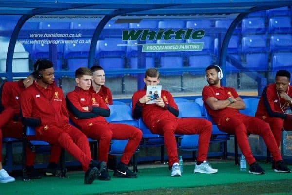 BIRKENHEAD, ENGLAND - Wednesday, July 12, 2017: Liverpool's Jon Flanagan reads the programme before a preseason friendly match against Tranmere Rovers at Prenton Park. (Pic by David Rawcliffe/Propaganda)