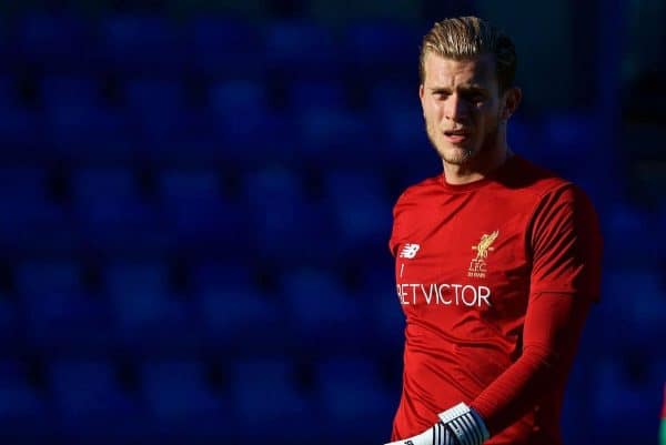 BIRKENHEAD, ENGLAND - Wednesday, July 12, 2017: Liverpool's goalkeeper Loris Karius warms-up before a preseason friendly match against Tranmere Rovers at Prenton Park. (Pic by David Rawcliffe/Propaganda)