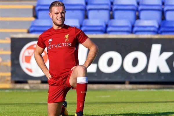 BIRKENHEAD, ENGLAND - Wednesday, July 12, 2017: Liverpool's captain Jordan Henderson warms-up before a preseason friendly match against Tranmere Rovers at Prenton Park. (Pic by David Rawcliffe/Propaganda)