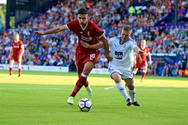 BIRKENHEAD, ENGLAND - Wednesday, July 12, 2017: Liverpool's Marko Grujic in action against Tranmere Rovers during a preseason friendly match at Prenton Park. (Pic by David Rawcliffe/Propaganda)