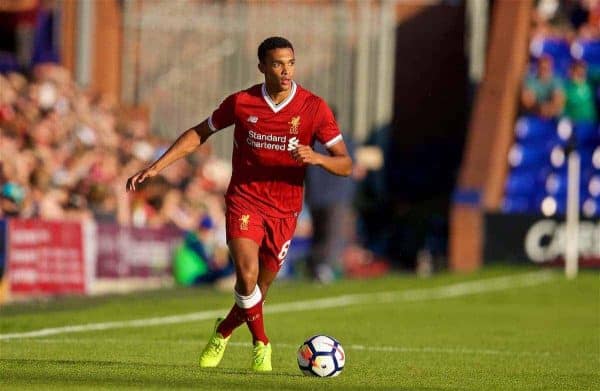 BIRKENHEAD, ENGLAND - Wednesday, July 12, 2017: Liverpool's Trent Alexander-Arnold in action against Tranmere Rovers during a preseason friendly match at Prenton Park. (Pic by David Rawcliffe/Propaganda)