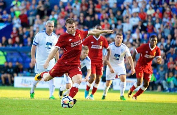 BIRKENHEAD, ENGLAND - Wednesday, July 12, 2017: Liverpool's James Milner scores the first goal against Tranmere Rovers from a penalty kick during a preseason friendly match at Prenton Park. (Pic by David Rawcliffe/Propaganda)