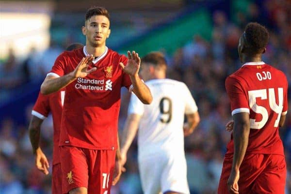 BIRKENHEAD, ENGLAND - Wednesday, July 12, 2017: Liverpool's Marko Grujic celebrates scoring the second goal against Tranmere Rovers during a preseason friendly match at Prenton Park. (Pic by David Rawcliffe/Propaganda)