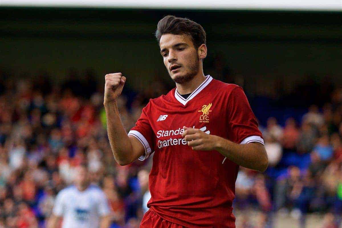 BIRKENHEAD, ENGLAND - Wednesday, July 12, 2017: Liverpool's Pedro Chirivella celebrates scoring the third goal against Tranmere Rovers during a preseason friendly match at Prenton Park. (Pic by David Rawcliffe/Propaganda)