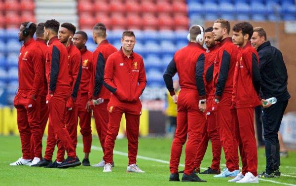 WIGAN, ENGLAND - Friday, July 14, 2017: Liverpool's James Milner and his team-mates before a preseason friendly match against Wigan Athletic at the DW Stadium. (Pic by David Rawcliffe/Propaganda)