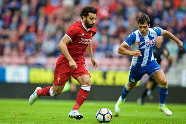 WIGAN, ENGLAND - Friday, July 14, 2017: Liverpool's Mohamed Salah in action against Wigan Athletic during a preseason friendly match at the DW Stadium. (Pic by David Rawcliffe/Propaganda)