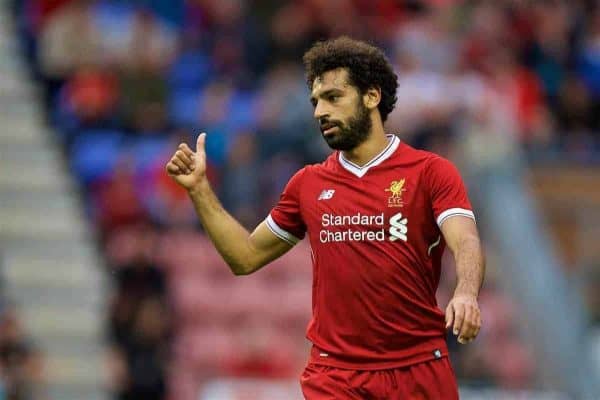 WIGAN, ENGLAND - Friday, July 14, 2017: Liverpool's Mohamed Salah in action against Wigan Athletic during a preseason friendly match at the DW Stadium. (Pic by David Rawcliffe/Propaganda)