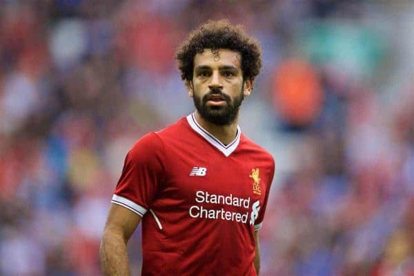 WIGAN, ENGLAND - Friday, July 14, 2017: Liverpool's Mohamed Salah in action against Wigan Athletic during a preseason friendly match at the DW Stadium. (Pic by David Rawcliffe/Propaganda)