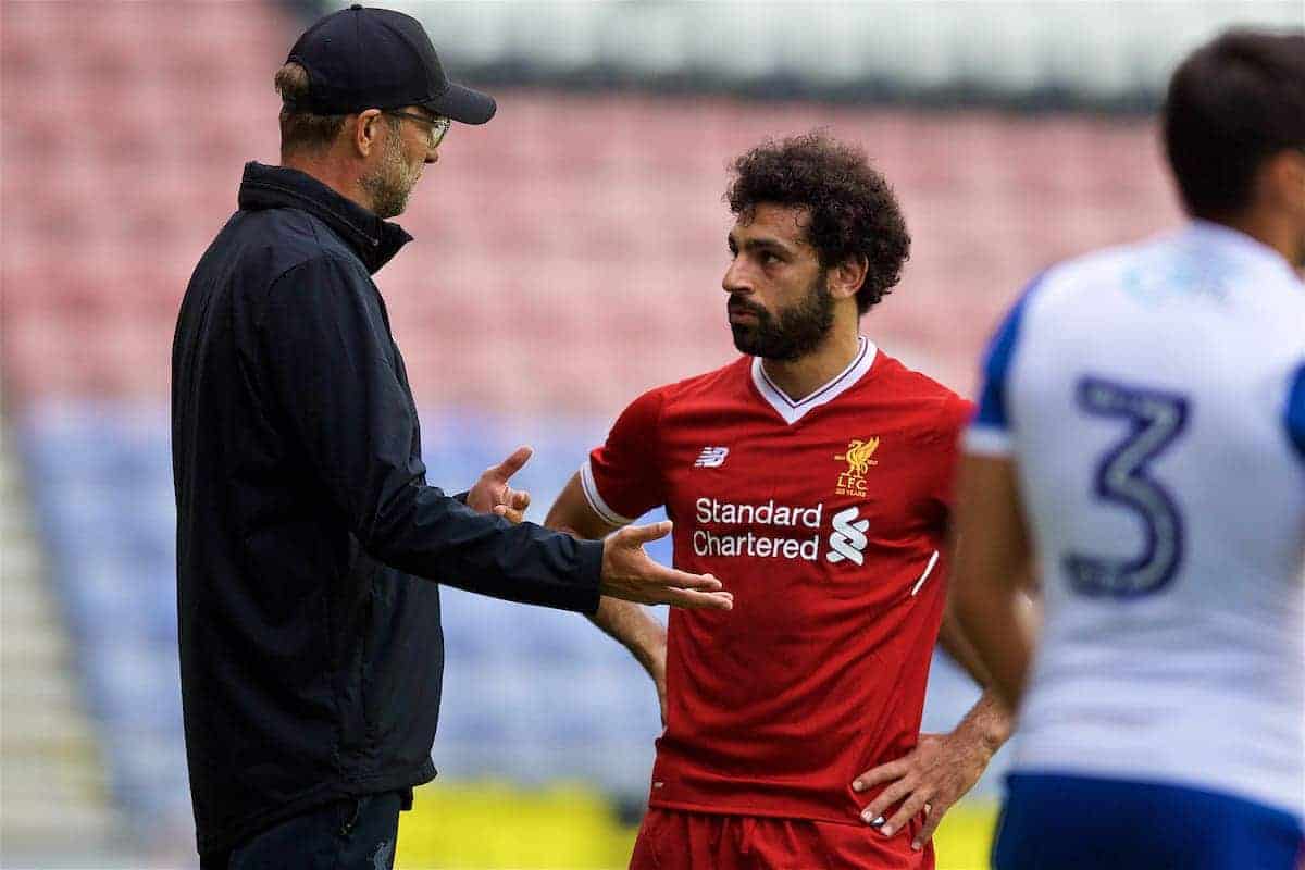 WIGAN, ENGLAND - Friday, July 14, 2017: Liverpool's manager Jürgen Klopp and Mohamed Salah during a preseason friendly match against Wigan Athletic at the DW Stadium. (Pic by David Rawcliffe/Propaganda)