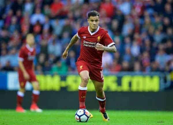 WIGAN, ENGLAND - Friday, July 14, 2017: Liverpool's Phil Coutinho in action against Wigan Athletic during a preseason friendly match at the DW Stadium. (Pic by David Rawcliffe/Propaganda)