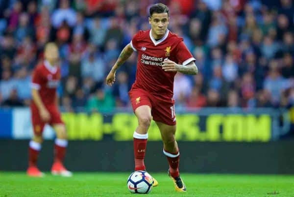 WIGAN, ENGLAND - Friday, July 14, 2017: Liverpool's Phil Coutinho in action against Wigan Athletic during a preseason friendly match at the DW Stadium. (Pic by David Rawcliffe/Propaganda)