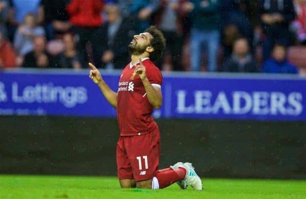 WIGAN, ENGLAND - Friday, July 14, 2017: Liverpool's Mohamed Salah celebrates scoring the first goal against Wigan Athletic during a preseason friendly match at the DW Stadium. (Pic by David Rawcliffe/Propaganda)