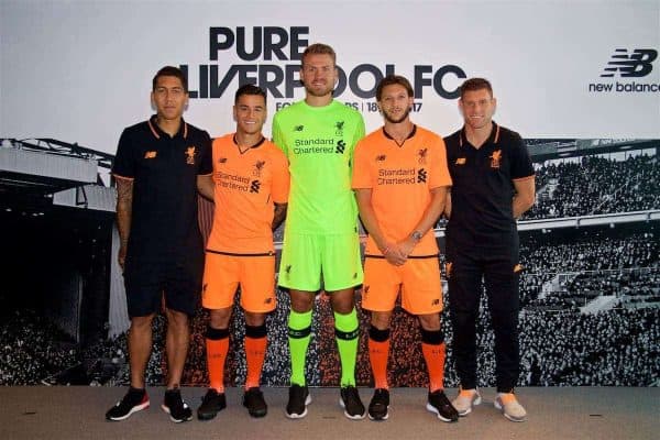 HONG KONG, CHINA - Monday, July 17, 2017: Liverpool's Roberto Firmino, Philippe Coutinho Correia, goalkeeper Simon Mignolet, Adam Lallana and James Milner show off the new 3rd kit at the Ritz-Carlton Hotel in Kowloon, Hong Kong, ahead of the Premier League Asia Trophy 2017. (Pic by David Rawcliffe/Propaganda)