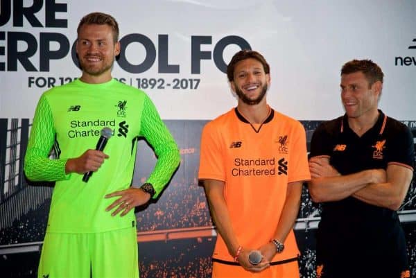 HONG KONG, CHINA - Monday, July 17, 2017: goalkeeper Simon Mignolet, Adam Lallana ands James Milner at the launch of the new Liverpool 3rd kit at the Ritz-Carlton Hotel in Kowloon, Hong Kong, ahead of the Premier League Asia Trophy 2017. (Pic by David Rawcliffe/Propaganda)