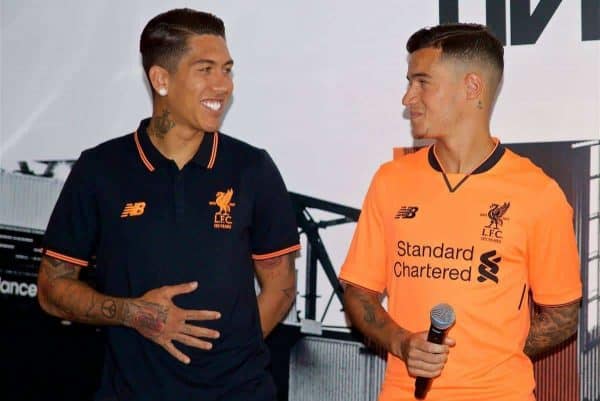 HONG KONG, CHINA - Monday, July 17, 2017: Roberto Firmino adn Philippe Coutinho Correia at the launch of the new Liverpool 3rd kit at the Ritz-Carlton Hotel in Kowloon, Hong Kong, ahead of the Premier League Asia Trophy 2017. (Pic by David Rawcliffe/Propaganda)