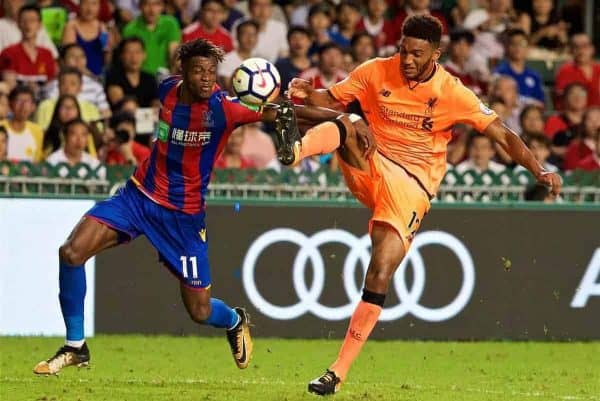 HONG KONG, CHINA - Wednesday, July 19, 2017: Liverpool's Joe Gomez and Crystal Palace's Wilfried Zahaduring the Premier League Asia Trophy match between Liverpool and Crystal Palace at the Hong Kong International Stadium. (Pic by David Rawcliffe/Propaganda)