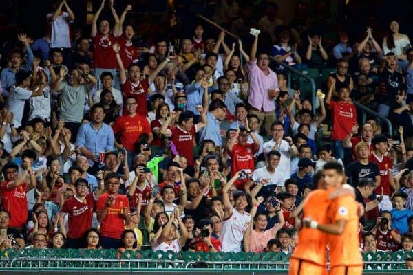 HONG KONG, CHINA - Wednesday, July 19, 2017: Liverpool's supporter celebrate an opening goal from Dominic Solanke against Crystal Palace during the Premier League Asia Trophy match between Liverpool and Crystal Palace at the Hong Kong International Stadium. (Pic by David Rawcliffe/Propaganda)
