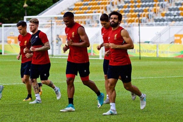 HONG KONG, CHINA - Friday, July 21, 2017: Liverpool players Daniel Sturridge and Mohamed Salah during a training session at the Mong Kok Stadium during the Premier League Asia Trophy 2017. (Pic by David Rawcliffe/Propaganda)