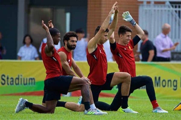 HONG KONG, CHINA - Friday, July 21, 2017: Liverpool players Georginio Wijnaldum, Mohamed Salah, Marko Grujic during a training session at the Mong Kok Stadium during the Premier League Asia Trophy 2017. (Pic by David Rawcliffe/Propaganda)