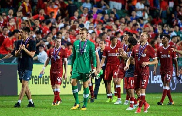 HONG KONG, CHINA - Saturday, July 22, 2017: Liverpool's Marko Grujic, Ryan Kent, goalkeeper Simon Mignolet and Ragnar Klavan walk on a lap of honour after beating Leicester City 2-1 during the Premier League Asia Trophy final match between Liverpool and Leicester City at the Hong Kong International Stadium. (Pic by David Rawcliffe/Propaganda)