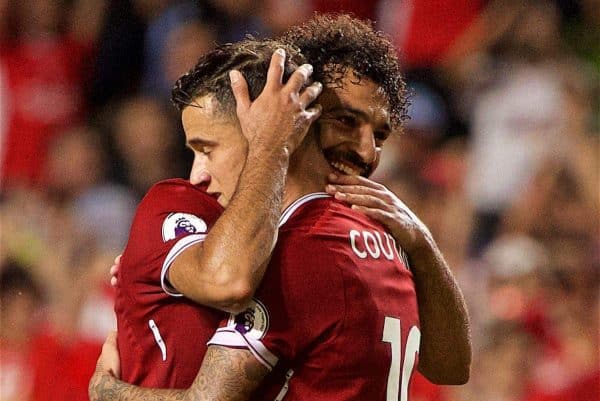 HONG KONG, CHINA - Saturday, July 22, 2017: Liverpool's Philippe Coutinho Correia celebrates scoring the second goal with team-mate Mohamed Salah during the Premier League Asia Trophy final match between Liverpool and Leicester City at the Hong Kong International Stadium. (Pic by David Rawcliffe/Propaganda)