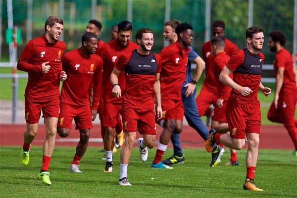 ROTTACH-EGERN, GERMANY - Friday, July 28, 2017: Liverpool's Jon Flanagan, Adam Lallana and Andy Robertson during a training session at FC Rottach-Egern on day three of the preseason training camp in Germany. (Pic by David Rawcliffe/Propaganda)