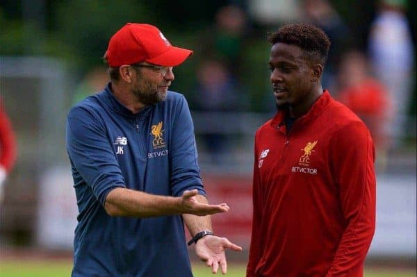ROTTACH-EGERN, GERMANY - Friday, July 28, 2017: Liverpool's manager J¸rgen Klopp and Divock Origi during a training session at FC Rottach-Egern on day three of the preseason training camp in Germany. (Pic by David Rawcliffe/Propaganda)