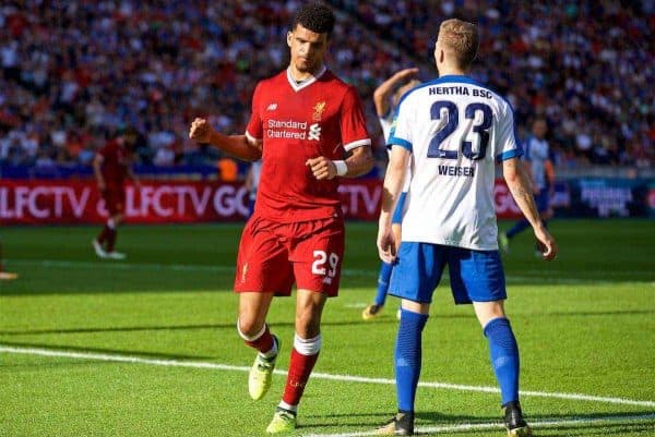 BERLIN, GERMANY - Saturday, July 29, 2017: Liverpool's Dominic Solanke celebrates scoring the first goal during a preseason friendly match celebrating 125 years of football for Liverpool and Hertha BSC Berlin at the Olympic Stadium. (Pic by David Rawcliffe/Propaganda)
