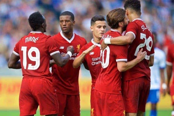 BERLIN, GERMANY - Saturday, July 29, 2017: Liverpool's Georginio Wijnaldum celebrates scoring the second goal during a preseason friendly match celebrating 125 years of football for Liverpool and Hertha BSC Berlin at the Olympic Stadium. (Pic by David Rawcliffe/Propaganda)