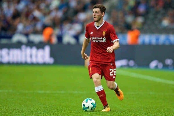 BERLIN, GERMANY - Saturday, July 29, 2017: Liverpool's Andy Robertson during a preseason friendly match celebrating 125 years of football for Liverpool and Hertha BSC Berlin at the Olympic Stadium. (Pic by David Rawcliffe/Propaganda)