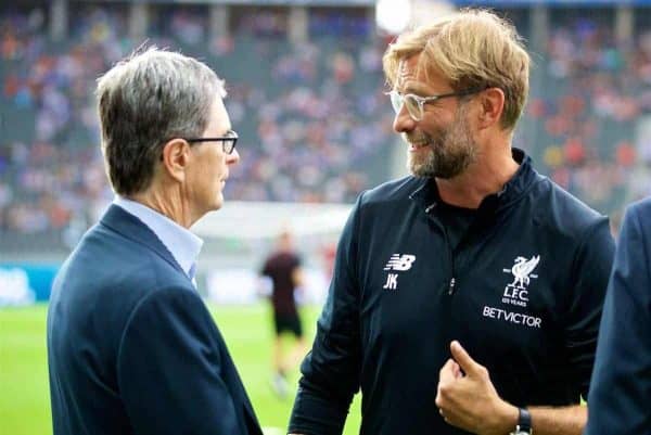 BERLIN, GERMANY - Saturday, July 29, 2017: Liverpool's manager Jürgen Klopp chats with owner John W. Henry before a preseason friendly match celebrating 125 years of football for Liverpool and Hertha BSC Berlin at the Olympic Stadium. (Pic by David Rawcliffe/Propaganda)