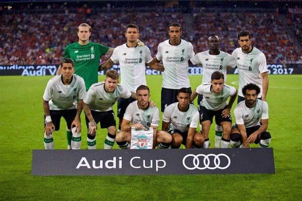 MUNICH, GERMANY - Tuesday, August 1, 2017: Liverpool's players line-up for a team group photograph before the Audi Cup 2017 match between FC Bayern Munich and Liverpool FC at the Allianz Arena. goalkeeper Loris Karius, Dejan Lovren, Joel Matip, Sadio Mane, Emre Can. Front row L-R: Roberto Firmino, Alberto Moreno, captain Jordan Henderson, Trent Alexander-Arnold, Philippe Coutinho Correia, Mohamed Salah. (Pic by David Rawcliffe/Propaganda)