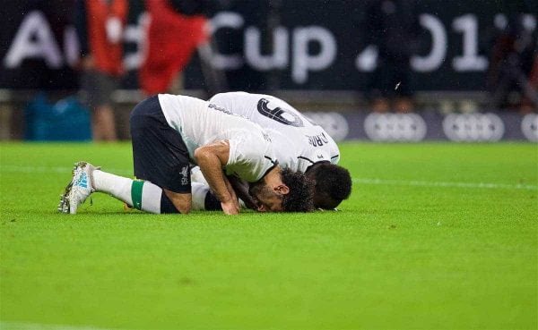 MUNICH, GERMANY - Tuesday, August 1, 2017: Liverpool's Mohamed Salah celebrates scoring the second goal with team-mate Sadio Mane during the Audi Cup 2017 match between FC Bayern Munich and Liverpool FC at the Allianz Arena. (Pic by David Rawcliffe/Propaganda)