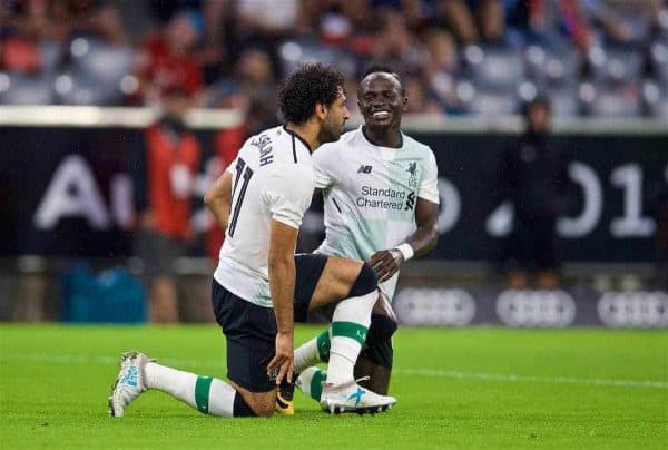 MUNICH, GERMANY - Tuesday, August 1, 2017: Liverpool's Mohamed Salah celebrates scoring the second goal with team-mate Sadio Mane during the Audi Cup 2017 match between FC Bayern Munich and Liverpool FC at the Allianz Arena. (Pic by David Rawcliffe/Propaganda)