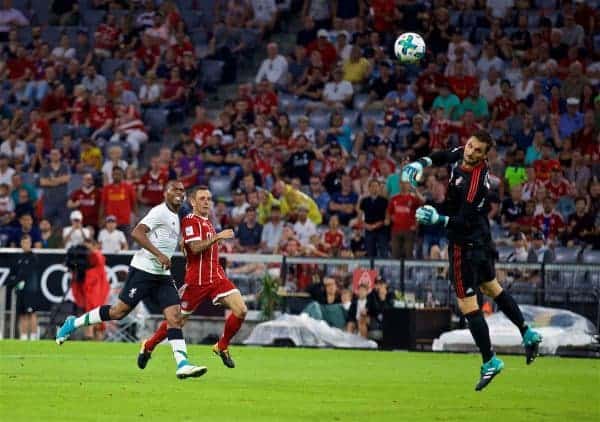MUNICH, GERMANY - Tuesday, August 1, 2017: Liverpool's Daniel Sturridge scores the third goal during the Audi Cup 2017 match between FC Bayern Munich and Liverpool FC at the Allianz Arena. (Pic by David Rawcliffe/Propaganda)