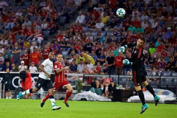 MUNICH, GERMANY - Tuesday, August 1, 2017: Liverpool's Daniel Sturridge scores the third goal during the Audi Cup 2017 match between FC Bayern Munich and Liverpool FC at the Allianz Arena. (Pic by David Rawcliffe/Propaganda)