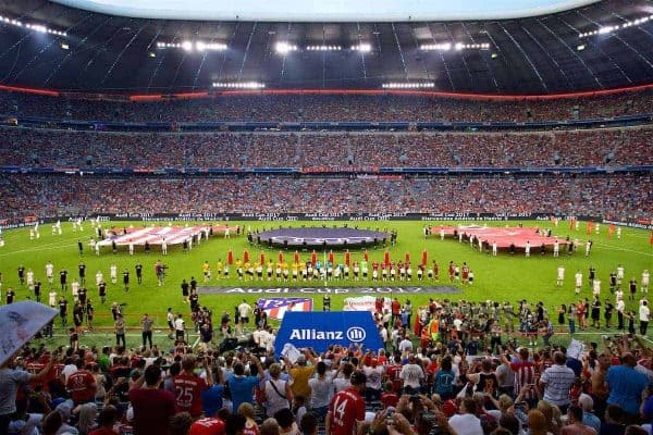 MUNICH, GERMANY - Wednesday, August 2, 2017: The players line-up before the Audi Cup 2017 final match between Liverpool FC and Atlético de Madrid's at the Allianz Arena. (Pic by David Rawcliffe/Propaganda)