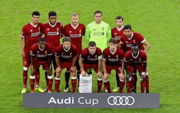 MUNICH, GERMANY - Wednesday, August 2, 2017: Liverpool players line-up for a team group photograph before the Audi Cup 2017 final match between Liverpool FC and AtlÈtico de Madrid's at the Allianz Arena. Back row L-R: Dominic Solanke, Joe Gomez, Ragnar Klavan, goalkeeper Danny Ward, Jon Flanagan, Emre Can. Front row L-R: Georginio Wijnaldum, Adam Lallana, James Milner, Ben Woodburn, Sadio Mane. (Pic by David Rawcliffe/Propaganda)